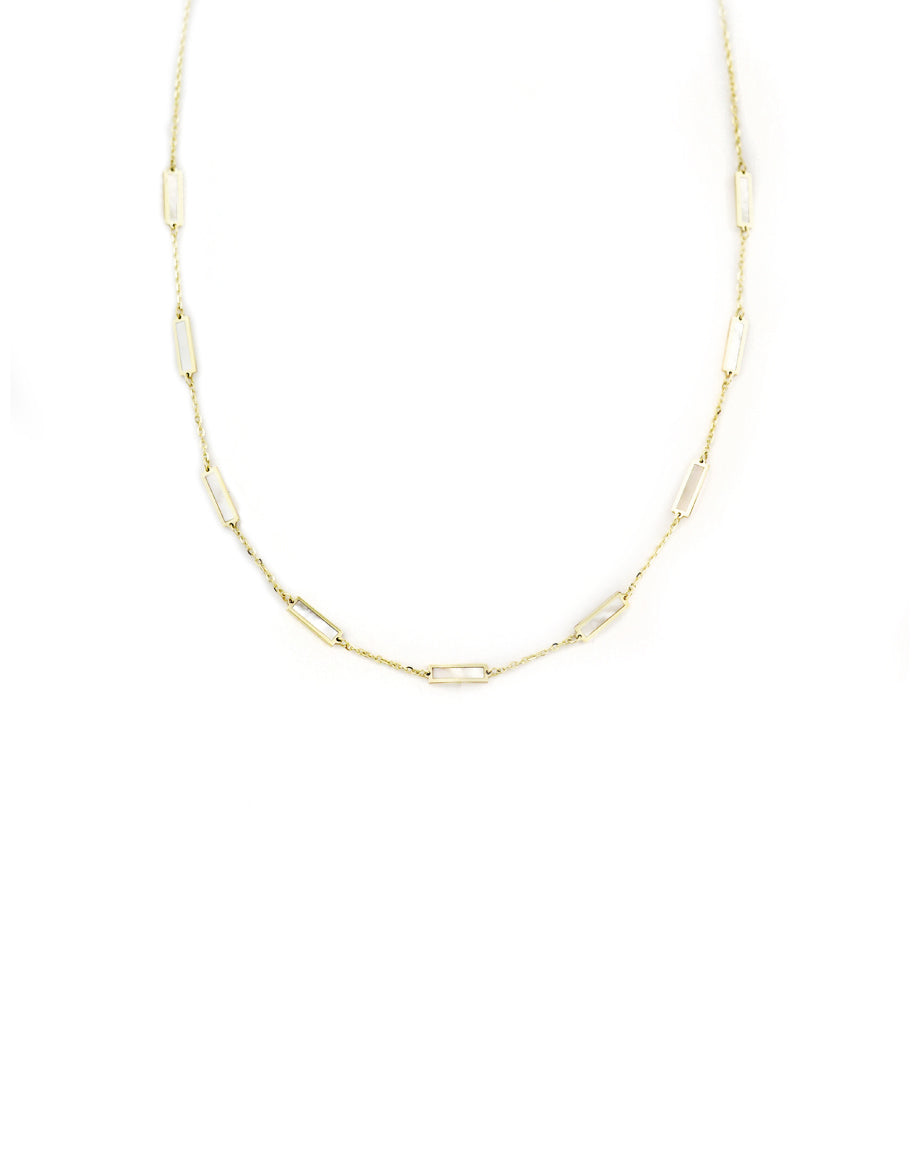 14K Gold Mother of Pearl Inlay Rectangle Station Necklace