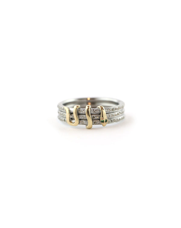 The Rima Serpent Ring: Diamond Silver Bands with 14K Gold Snake