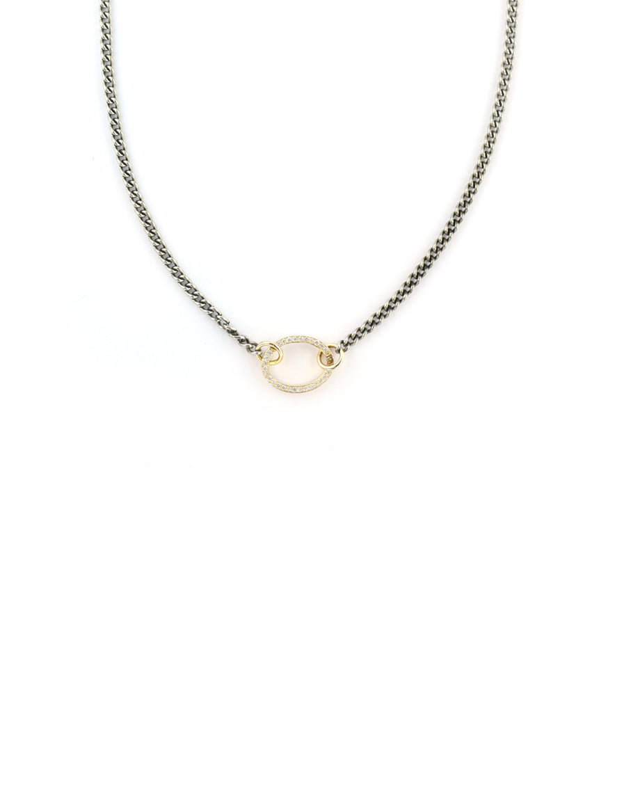 Silver Cuban Chain 14K Gold Diamond Oval Lock Necklace
