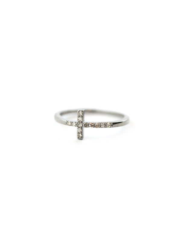 Silver Diamond Sideways Cross Silver Ring