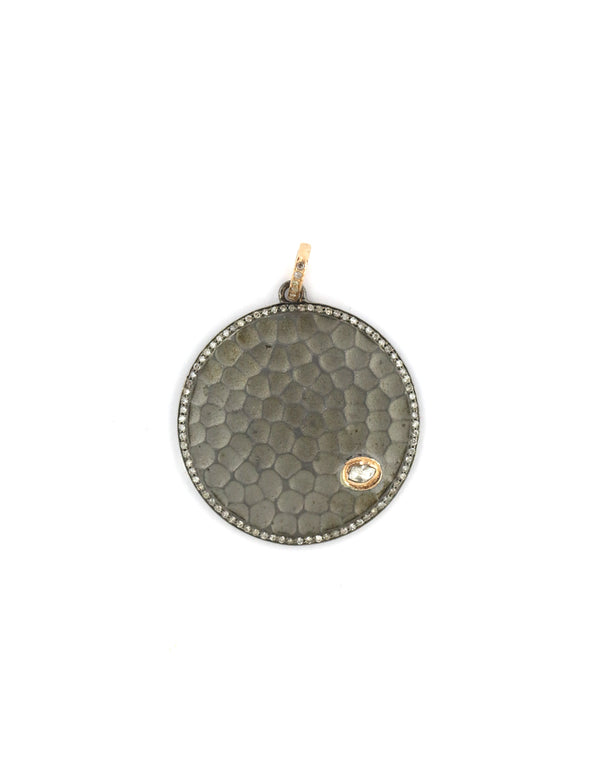 14K Rose Gold & Silver Hammered Coin Pendant with Polki Diamond
