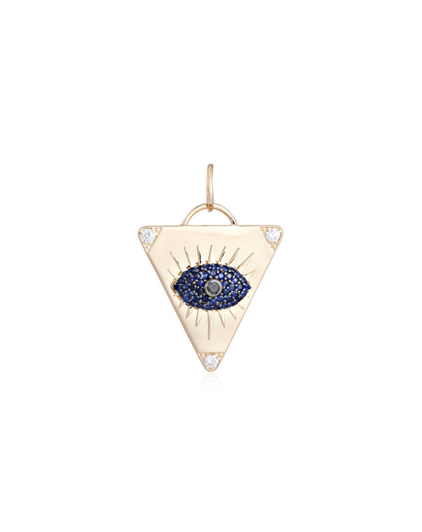 14K Gold Blue Sapphire Evil Eye Triangle Charm