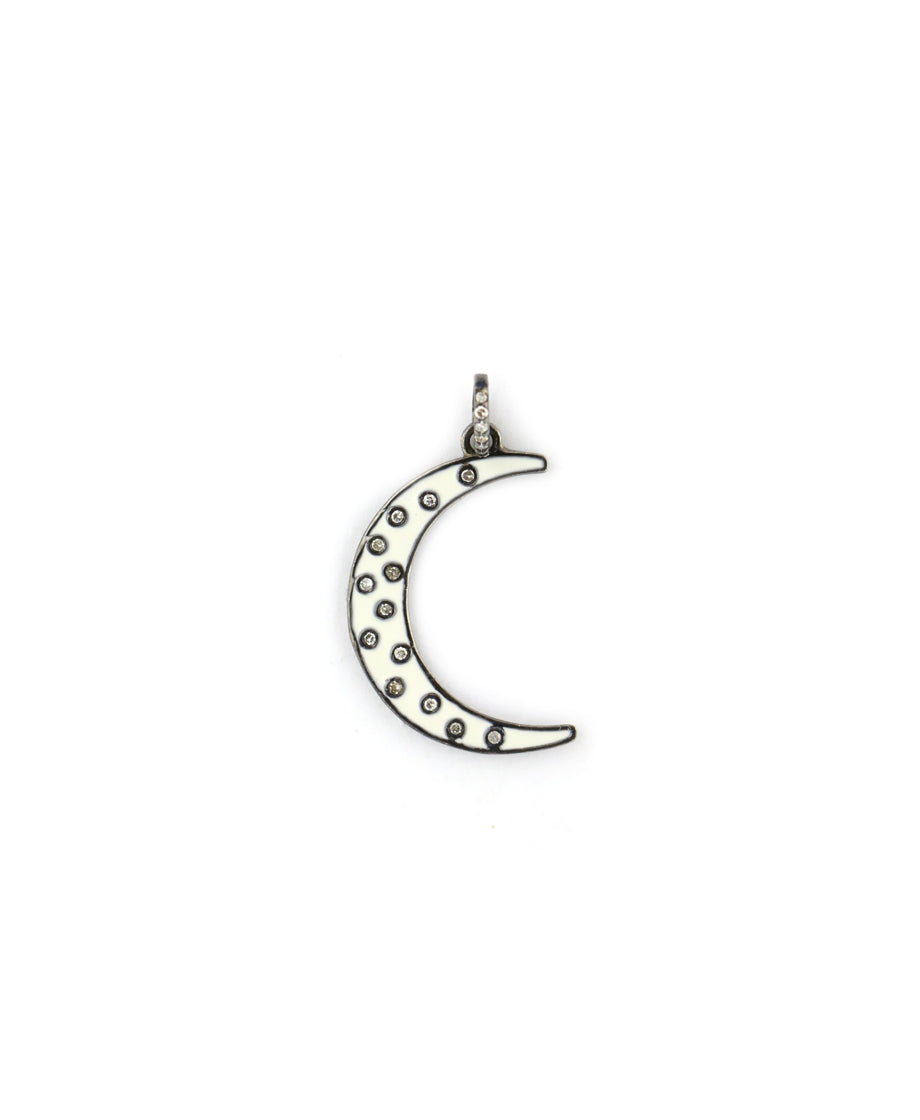 Silver Diamond White Enamel Crescent Moon Charm