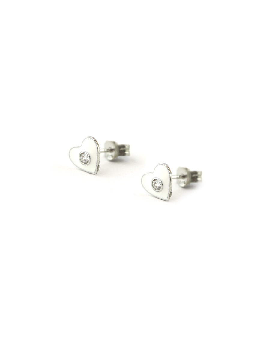 Mini White Enamel Crystal Silver Heart Studs